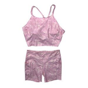 Tie-Dye Sports Bra & Shorts Set Sz XXL Pink Ruffled Straps Womens Activewear By